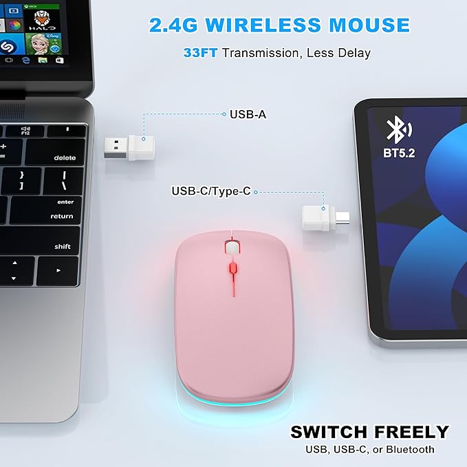 LED Bluetooth Wireless Mouse for MacBook Air Mac Pro Laptop iPad –Rechargeable Silent Light-Up Optical Mouse with Jiggler Dual Mode BT5.2 & USB-A/USB-C for Students, Kids, Girls, Boys – Rose Gold