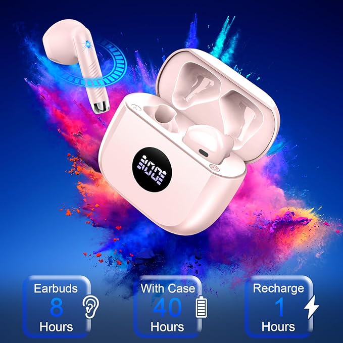 Wireless Bluetooth 5.4 Earbuds, Ear Buds LED Power Display Headphones 6D Stereo, Bluetooth Earbuds in-Ear Noise Cancelling Mic, 40H Playback Mini Case IP7 Waterproof Sports Earphones for Android iOS