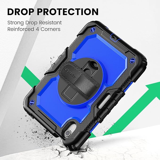 SEYMAC Case for iPad mini 7 (A17 Pro) 2024/ Mini 6 8.3″, Full-Body Shockproof Protective Case with Screen Protector, Rotating Stand, Hand/Shoulder Strap for iPad mini 7th/ 6th Generation, Dark Blue