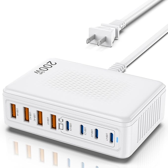 200W USB C Charger Block,GaN III 8-Port Fast Charging Station Hub,PD 65W Laptop Charge Adapter Compatible with All MacBook Pro/Air/iPad,DELL,iPhone /17/16/15/14/13/Pro Max/Galaxy Pixel Series