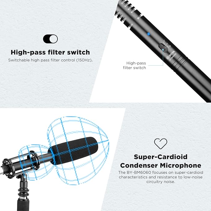 BOYA XLR Microphone BY-BM6060 Super-Cardioid Shotgun Condenser Microphone with 24 48V Phantom Power for Camera Film Interview ENG/EFP Outdoor Recording