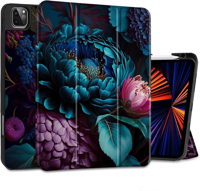 MEEgoodo for iPad Pro M2 12.9 Case 6th/5th/4th/3rd Generation 2022 2021 2020 2018 with Pencil Holder, Tablet Cover with TPU Back Shell, Beautiful Fantasy Flower