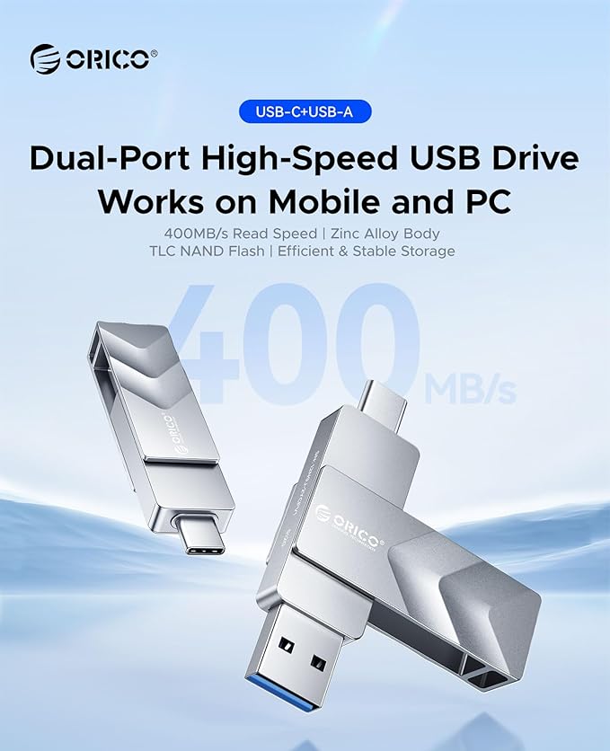 ORICO 256GB USB Flash Drive SSD, External TLC Solid State Drive Up to 400MB/s Read, 300MB/s Write High Speed USB-C & USB-A Port,Metal Housing Swivel Design Compatible with iPhone 17, Android, PC