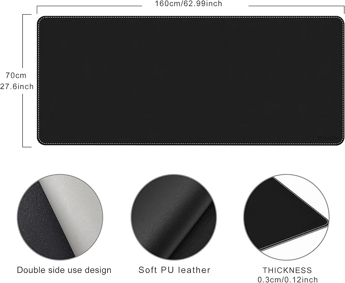 Chihein 63" x 28" 4XL PU Leather Desk Mat (Black/Gray), Huge Mouse Pad, Dual Sided Desk Pad Protector, Waterproof Writing Blotter for Gaming/Office/Home