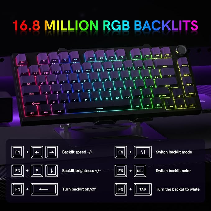 COSTOM WK75 75% Wireless Gaming Mechanical Keyboard,BT5.0/2.4GHz/USB-C, Hot Swappable Pre-lubed Custom Linear Switches,Gasket Structure,RGB Backlit Keyboard for PC/Laptop/Xbox/PS4/PS5 (Purple)