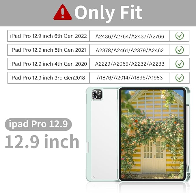 Case for iPad Pro 12.9 Inch (6th/5th/4th/3rd Generation 2022/2021/2020/2018) with Pencil Holder, Clear Transparent Back Shell Slim Stand Shockproof Tablet Cover, Auto Wake/Sleep, Light Green