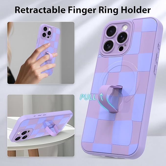 KANGHAR Compatible with iPhone 15 Pro Case, Support for MagSafe, Silicone Checkered Cute Pattern, Wristband Kickstand Camera Protection Soft Slim Cover for Girls Women -Purple