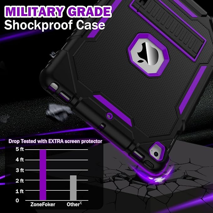 ZoneFoker 9.7" Case for iPad 6th/5th Generation 2018/2017, for iPad Air 2 / Air 1st / Pro 9.7, Heavy Duty Shockproof Protective 9.7 Inch Cover with Built-in Stand for i Pad 6 5 Gen(Black+Purple)