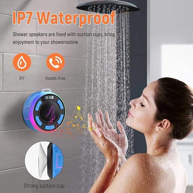IPX7 Waterproof Shower Bluetooth Speaker, Portable Small Speaker with Suction Cup and Time Display, Loud Crystal Sound & Bass 10H Playtime 1100mAh, Wireless Shower Speakers for Pool, Beach Gift Blue