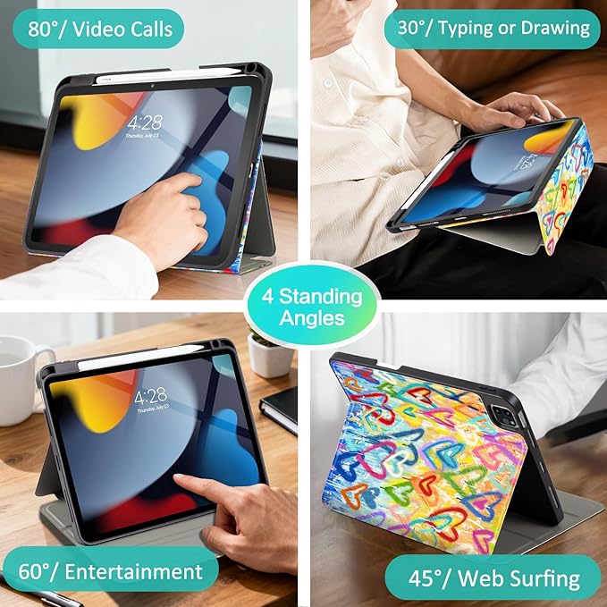 for iPad Air 11-inch Case M4/M3/M2 (2026/2025/2024), iPad Air 5th/Air 4th Gen Case with Pencil Holder, iPad Pro 11 Inch 4th/3rd/2nd/1st Multi-Angle View Adjustable Stand Auto Wake Sleep Colorful Heart