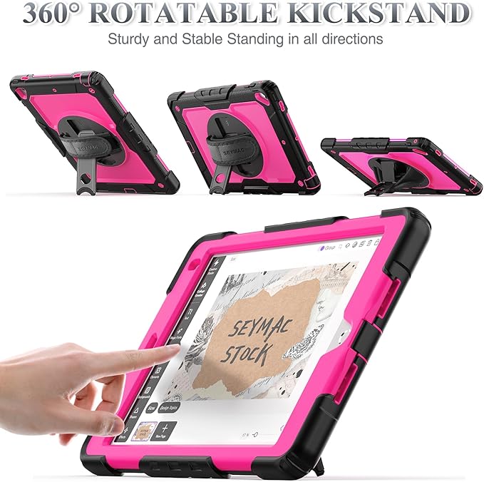 SEYMAC stock Case for iPad 6th / 5th Generation Case/Air 2 / Pro 9.7 inch, Heavy Duty Protective with Screen Protector, with Pencil Holder, Hand Strap, Shoulder Strap, 360 Rotate Stand, Pink+Black