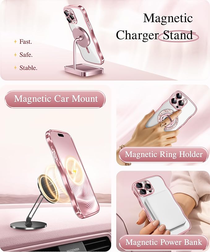 GVIEWIN for iPhone 16 Pro Case Compatible with MagSafe, Upgraded [Full Camera Protection][Cute Wave Frame][Military Grade Protection] Electroplated Soft Phone Cover for Women Girl, Clear/Pink