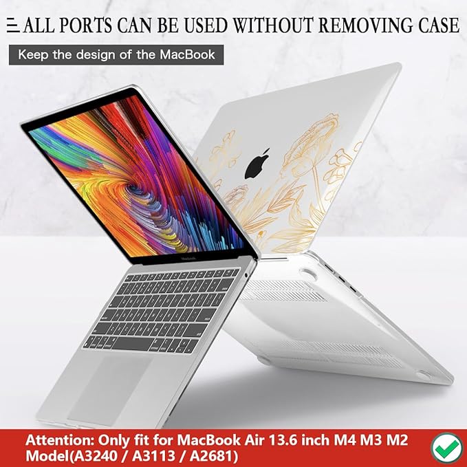 CISSOOK for MacBook Air 13.6 inch Case A3449 A3240 A2681 A3113 Release 2022 2023 2024 2025 2026, Plastic Hard Shell Case Keyboard Cover for MacBook Air 13 inch M2 M3 M4 M5, Gold Floral Blossom