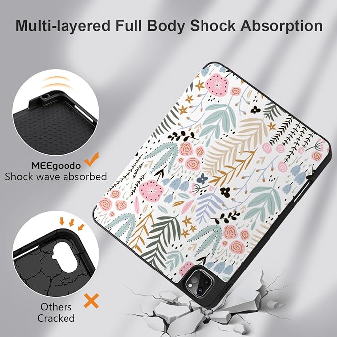 DONGKE Case for 2022/2021/2020/2018 iPad Pro 11 inch Gen 4/3/2/1 - Slim Protective Case - Built in Pencil Holder Support Charging - Trifold Stand & Sleep/Wake Cover - Tiny Flowers