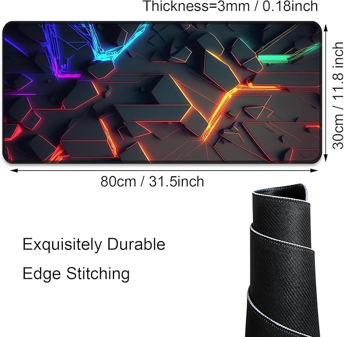 3D Neon Geometric Gaming Mouse Pad – Blacklight Large Extended Glow in the Dark Waterproof E-Sports Desk Mat with Non-Slip Base for Gamers & Office - 31.5" x 11.8"
