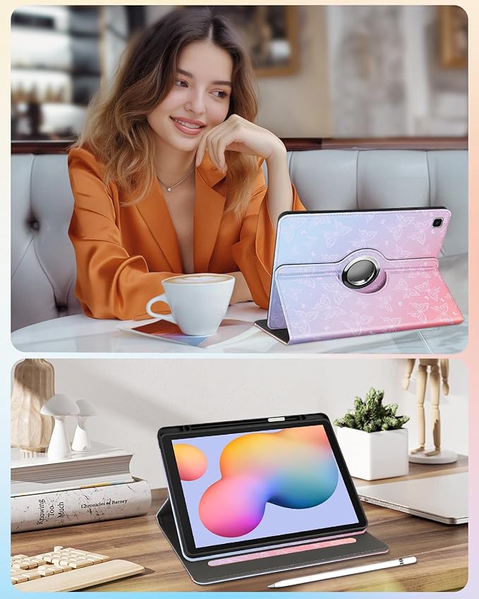 Kidcube for Samsung Galaxy Tab S6 Lite Case 10.4 Inch 2024/2022/2020 - Women Girls Cute Rotating Stand Folio Cover with Pencil Holder & Card Slot Girly Kawaii Butterfly Design Cases for Tab S6 Lite