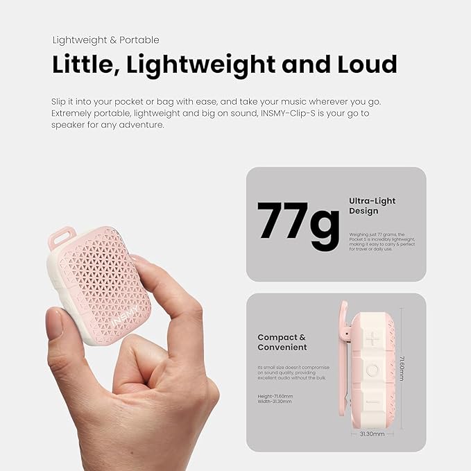 INSMY Wearable Bluetooth Speakers,IP67 Waterproof,Clip-On Portable Small Personal Speaker/Clean Sound/Stereo Pair/Wireless/ENC Built-in Mic/Lightweight for Golf Work Pool Gift (Non-Magnetic) (Pink)