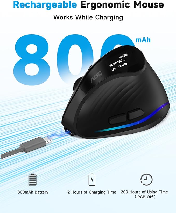 AOC 2.4GHz Ergonomic Mouse, Wireless Bluetooth Vertical Mouse for Work, 4800 DPI Optical Tracking, 5 Adjustable DPI, Quiet Clicks, RGB Light, Compatible with Computer, Laptop, PC, Mac, Desktop - Black