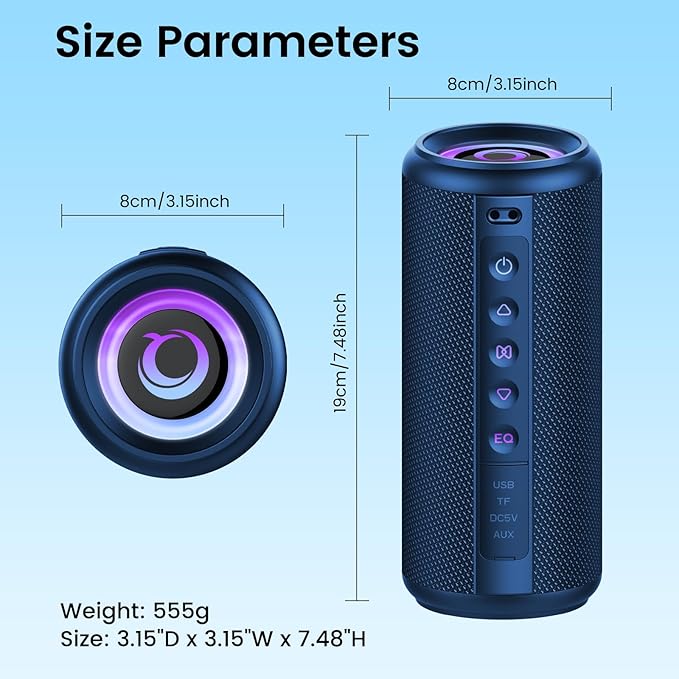 Portable Bluetooth Speaker, 2026 Bluetooth 5.4 Wireless Speaker with 20W HD Loud Stereo Sound, TWS Pairing, 20H playtime, RGB Lights, IP7, Built-in Mic, for Outdoor, Home, Beach, Party, Gift, Blue