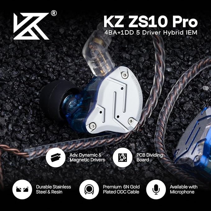 Linsoul KZ ZS10 Pro, 4BA+1DD 5 Driver in Ear Monitor, HiFi Wired Earbuds, Gaming Earbuds, Hybrid IEM Earphones with Stainless Steel Faceplate, Detachable Cable for Musician (with Mic, Blue)