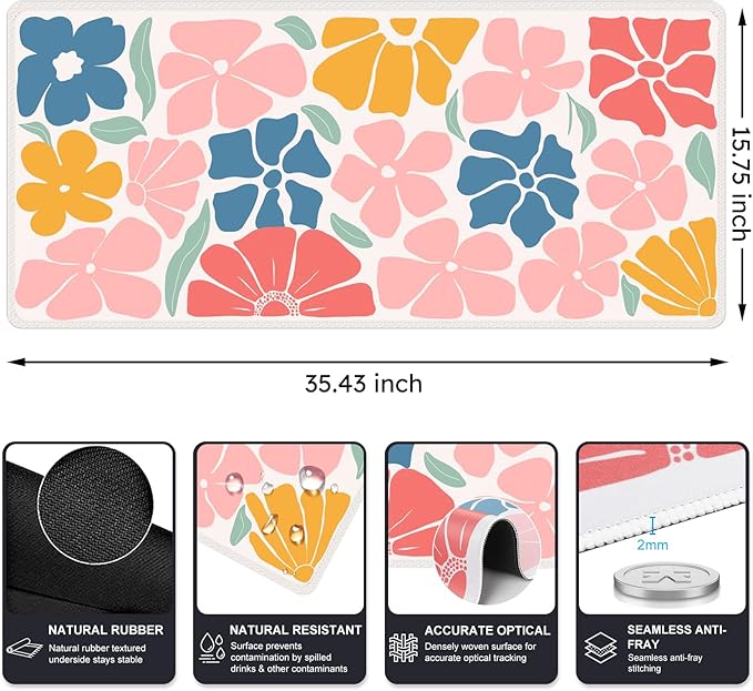 iCasso XXL Large Mouse Mat, Anti-slip Big Mousepad with Stitched Edges, Keyboard Pad Mat for Computer, Work, Gaming (Colorful Flower)