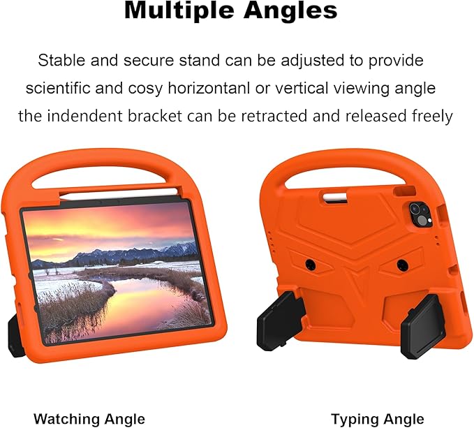 Kids Case for Apple iPad Air 11 inch M3/M2 & iPad Pro 11 inch M5/M4 (2025/2024) with Pencil Holder/Handle/Kickstand Lightweight Soft EVA Foam Shockproof Stand Girls Boys Cover, Orange Bird