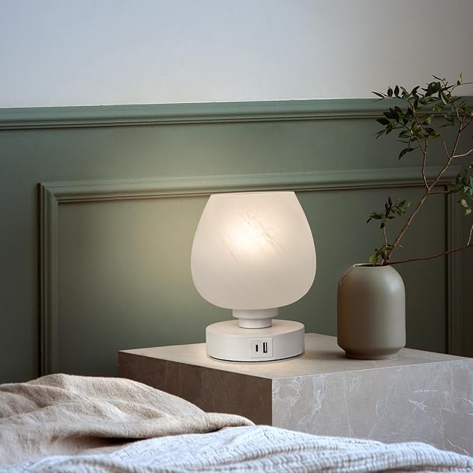 Bedside Table Lamp - Touch Small Lamp for Bedroom Nightstand, 3-Way Dimmable, USB A+C Charging Ports, White Opal Glass Shade, Warm LED Bulb Included