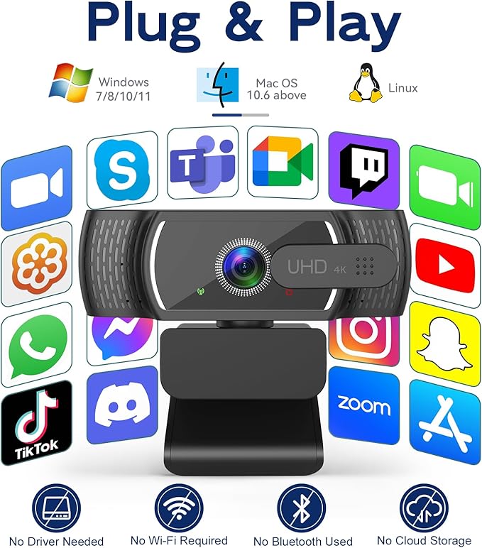4K Webcam for PC & Mac, Tiny USB Streaming Camera with PDAF Autofocus, Dual Omnidirectional Noise-Canceling Microphones, Auto Low-Light Correction, Works with Zoom, Teams, Google Meet & Twitch