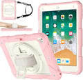 MENZO Shockproof Case for iPad 5th Gen/6th Gen/Air 2/Pro 9.7-inch with 360° Swivel Stand, Pencil Holder, Detachable Hand and Shoulder Strap, Beige+Pink