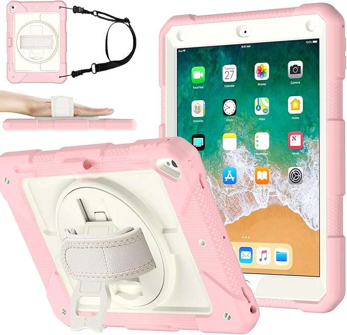 MENZO Shockproof Case for iPad 5th Gen/6th Gen/Air 2/Pro 9.7-inch with 360° Swivel Stand, Pencil Holder, Detachable Hand and Shoulder Strap, Beige+Pink