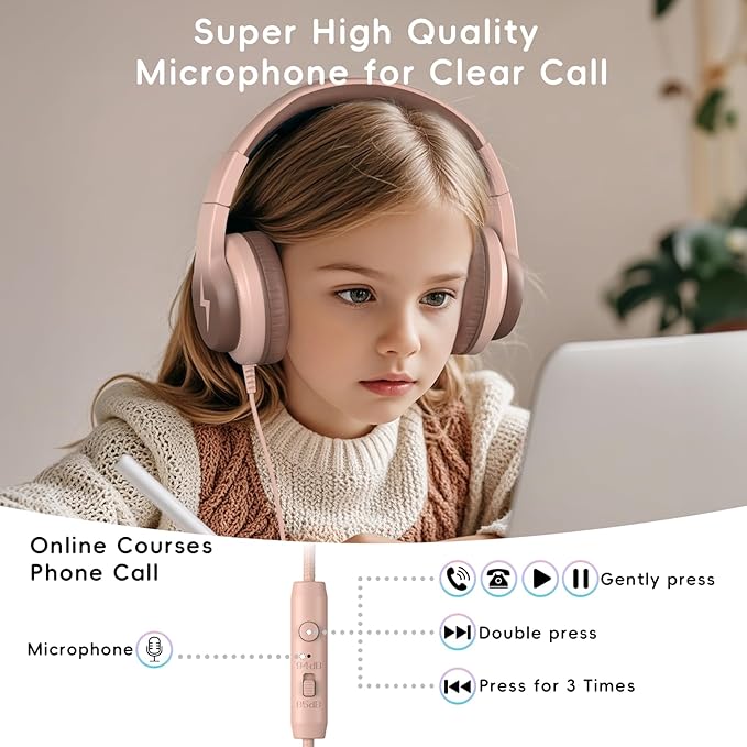 Candy Bila Kids Headphones, Wired Headphones for Kids Over Ear with Microphone, 85/94dB Volume Limiter Headphone for Girls Boys, Foldable Headphone for Learning & Entertainment, Gradient Brown