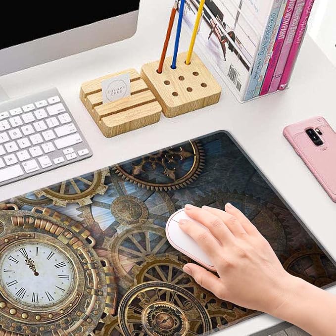 Gaming Mouse Pad, XL Extended Computer Keyboard Long Mouse Mat, Large Desk Pad for Office Laptop, Non-Slip Rubber Base with Stitched Edge Mousepad, 31.5X11.8 inch Rusty Steampunk with Clock