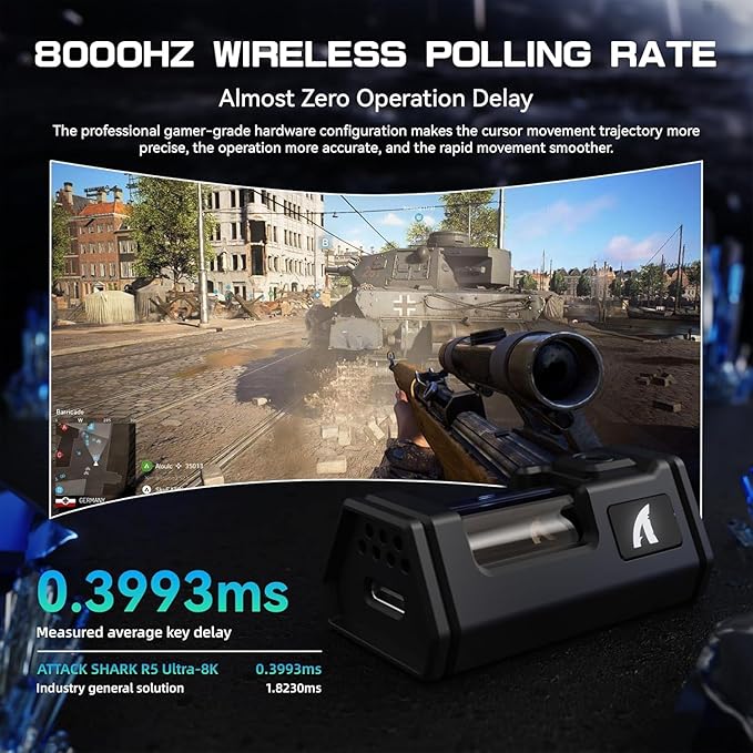 ATTACK SHARK R5 Ultra Wireless Gaming Mouse,Carbon Fiber Shell 39g Superlight,PAW3950MAX Optical Sensor Nordic 52840 MCU 8K Polling 42K DPI,Tri-Mode Programmable Mice with Coiled Cable-White&Griptape