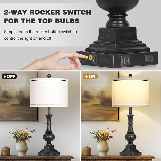 Lolikit Farmhouse Lamps Set of 2, Antique Vintage Rustic Touch Control Table Lamps with USB A+C Ports & AC Outlet, Retro Classic Bedside Nightstand Lamp for Living Room Bedroom Office Black