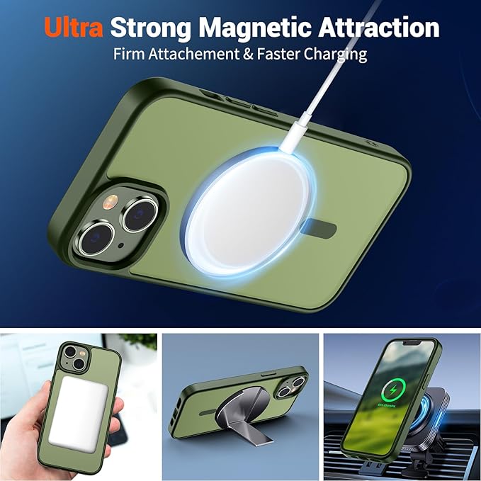 SUPFINE Magnetic for iPhone 15 Plus Case & iPhone 14 Plus Case(Compatible with MagSafe)(Military Grade Drop Protection) Slim Translucent Shockproof with Anti-Fingerprint Phone Case,Cangling Green