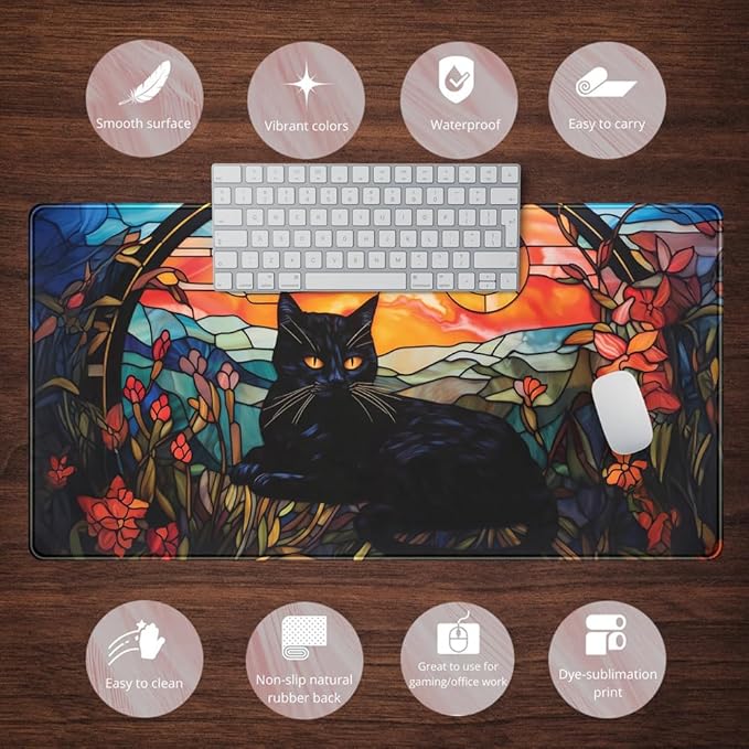 Mechanical Cattle Black Cat Desk Mat Vintage Sunset XXL Large Mouse Pad Laptop Desk Mousepad with Stitched Edges, Keyboard Pad Mouse Mat for Work Game Office Desk Accessories 31.5x15.7 in