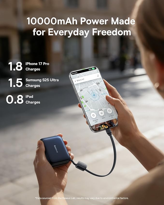 Baseus PicoGo AC22 Mini Power Bank, 10000mAh 45W PD Portable Charger Built-in USB-C Cable, Ultra Small Sized Battery Pack, Fast Charging Battery Bank for iPhone 17/16/15 Samsung S25/S24 Pixel 10 iPad