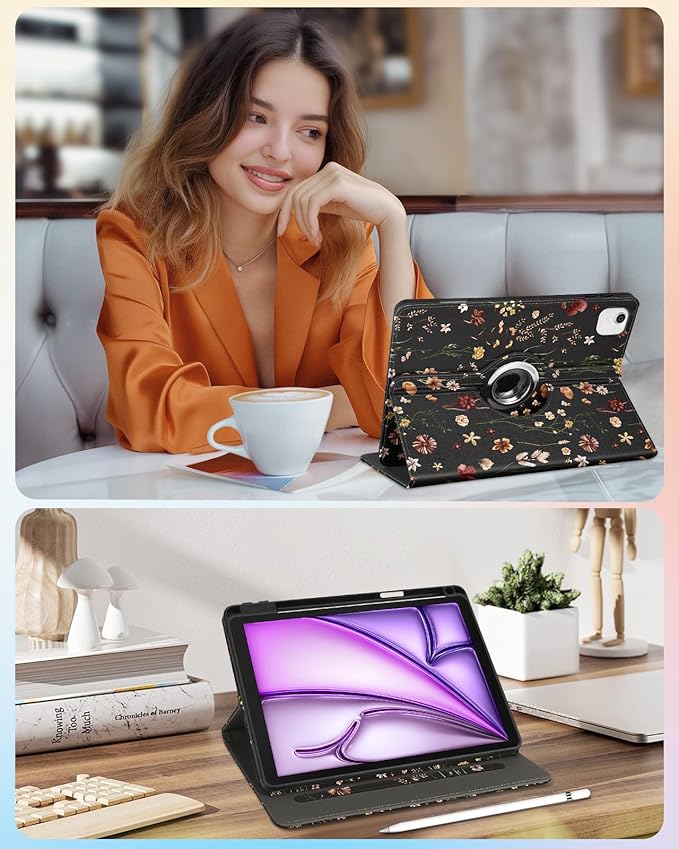 Kidcube for iPad Air 13 Inch Case (M3/M2)/for iPad Pro 12.9 Cases 6th/5th (2022/2021) - Women Girls Cute Rotating Stand Folio Cover with Pencil Holder & Card Slot Design Flowers Floral Unique Cover