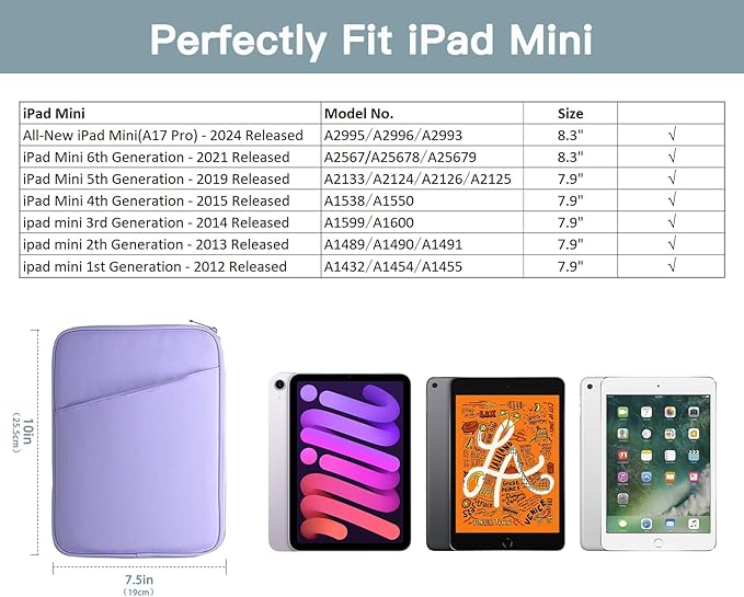 TiMOVO 8-9 Inch Tablet Sleeve Case for All-New iPad mini 7 (A17 Pro, 2024), iPad mini 6 (8.3-Inch, 2021), iPad mini 5/4/3/2/1, Portable Protective Pouch Bag for iPad mini, Purple