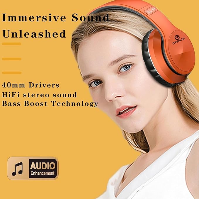 Active Noise Cancelling Headphones, Wireless Over Ear Bluetooth Headphones with Microphone Foldable Headphone with HiFi Audio Deep Bass for Home Travel Office Orange