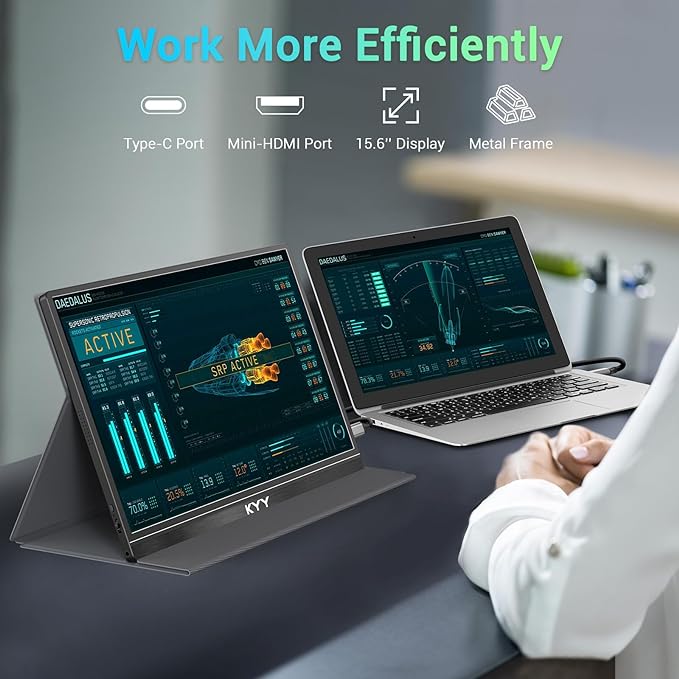 KYY Portable Monitor 15.6'' FHD 1080P USB C HDMI Gaming Monitor Ultra-Slim IPS Display w/Smart Cover & Speakers, Plug&Play, External Monitor for Laptop PC Phone Mac Xbox PS4