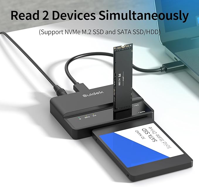 SUIDEK NVMe SSD Enclosure, 10Gbps USB to M.2 and SATA Adapter Tool Free PCIe NVMe External Hard Drive Reader Compatible with M.2(M Key&M+B Key) Any Sizes and 2.5"/3.5" SATA SSD/HDD
