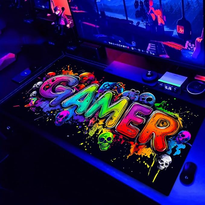 Gamer Blacklight Mouse Pad – UV Reactive Neon Gaming Desk Mat with Skull Design, Waterproof Extended Large Mousepad with Non-Slip Rubber Base for Computer Keyboard – 31.5" x 11.8"