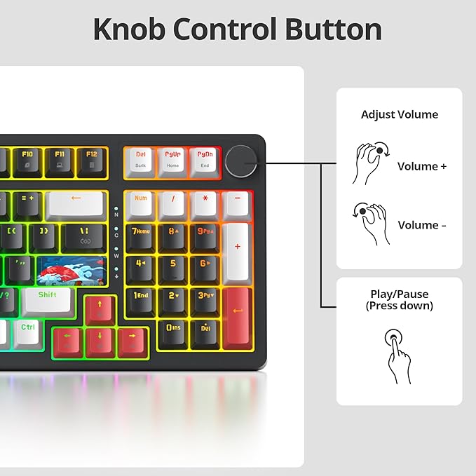 Wired Creamy Gaming Keyboard with Number Pad, 96% Hot-swappable Mechanical Keyboard, Full Layout Custom Keyboard Gasket Mounted with Red Switch Knob Control(Black)