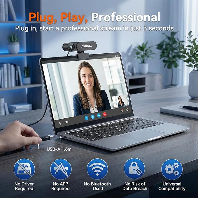 AIRHUG 4K UHD USB Webcam No Mic with Privacy Cover for Secure Meetings - 16MP Sony Sensor, PDAF Fast Focus, 63° Gold FOV, Auto Light Correction, Streaming Camera Without Audio for PC/Laptop/Desktop