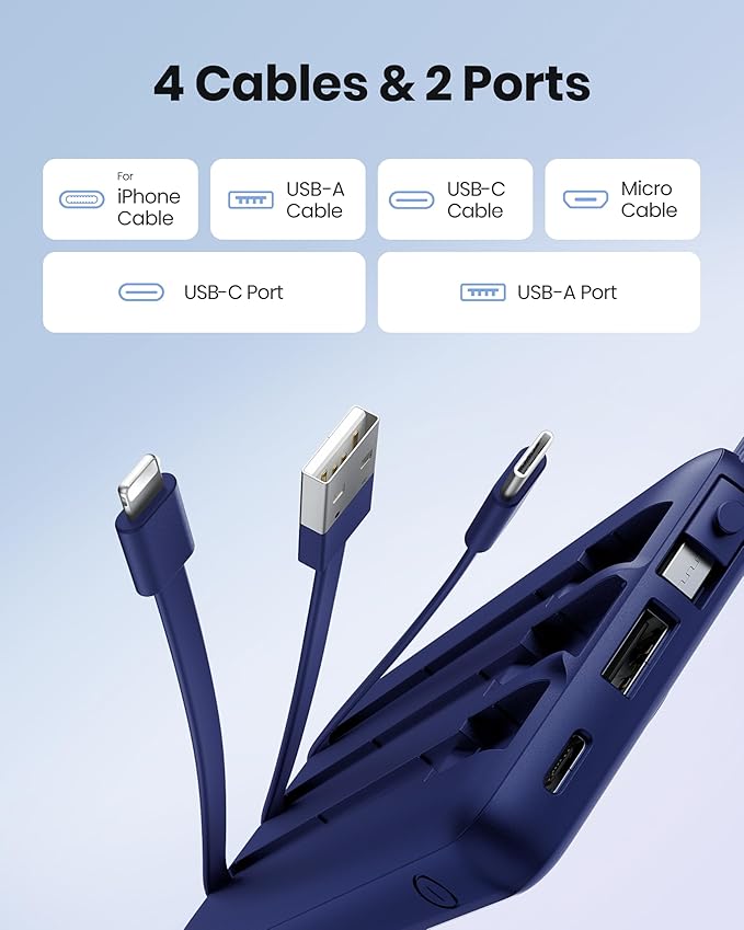 Portable Power Bank, Compact 10000mAh Portable Charger with 4 Cables, USB C Battery Pack 5 Outputs 2 Inputs LED Display Compatible with iPhone/Android & More (Navy Blue)