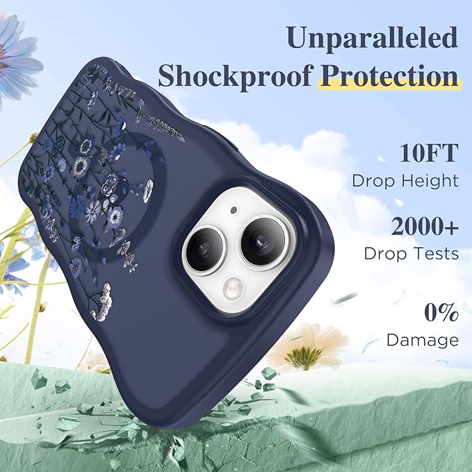 GVIEWIN Cute for iPhone 14 Case & iPhone 13 Case [Compatible with MagSafe] [Curly Wave Edge] Floral Translucent Magnetic Shockproof Protective Phone Cover for iPhone 14/13 6.1'', Floratopia/Blue