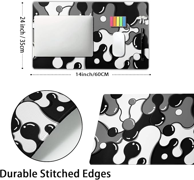 Black White Grey Mouse Pad XL Large Anime Cool Geometric Japanese Extended Desk Mat 60x35 CM Non-Slip Rubber Base Stitched Edge Large Mousepad for Desk Gaming Laptop Desktop,24x14 Inch