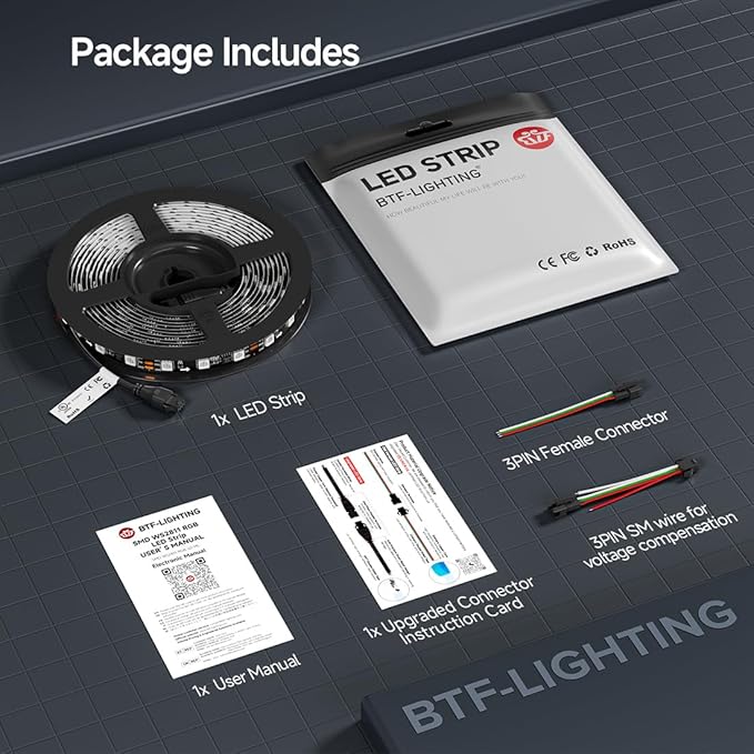 BTF-LIGHTING UL Listed WS2811 IC=RGB+IC Addressable Color RGB LED Strip,16.4FT 60LED/m 10Pixels/m,IP67 Black PCB Flexible DC12V Chasing Effect for Indoor Home Decor(No Adapter or Controller)