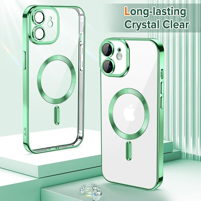 Hython Magnetic Clear for iPhone 11 Case with Camera Lens Protector [Compatible with MagSafe] Luxury Plating Edge Slim Soft TPU Cover Protective Phone Case for iPhone 11 6.1", Light Green